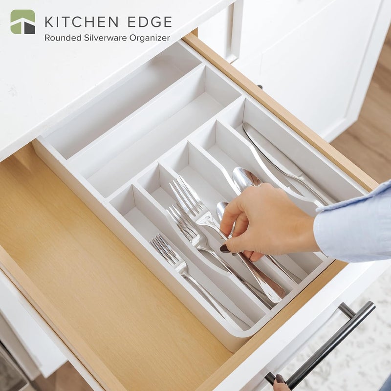 KitchenEdge Silverware Organizer - Cutlery, Flatware, and Utensil Holder for Kitchen Drawers, Fixed 10.5” Width, 7 Storage Compartments, Non-Slip Feet, Rounded Corners, 100% Bamboo, White Finish - Image 2